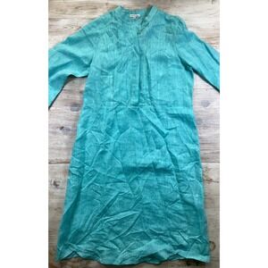 Mario Romano Italy Linen Tunic Dress Turquoise Blue Pleated Bib Roll Tab Small